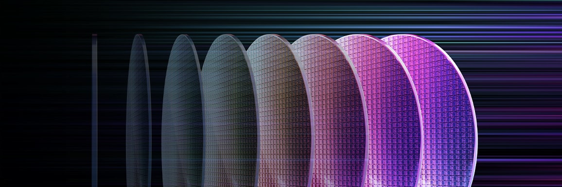 A conceptual image featuring several stacked semiconductor wafers.