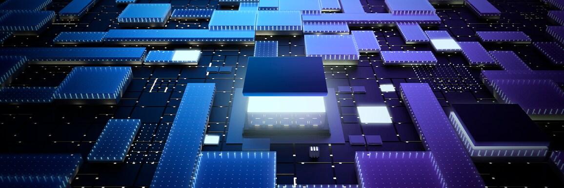 A close-up digital representation of a microchip surrounded by illuminated components on a modern circuit board.