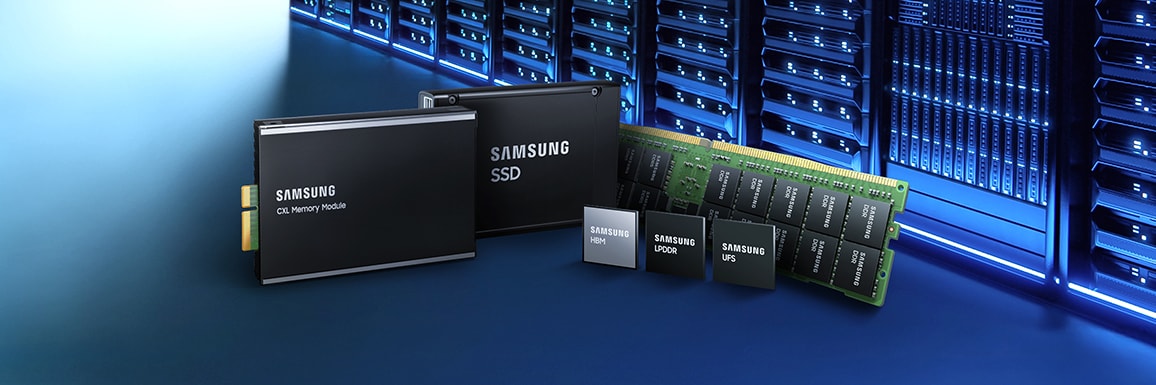 A display of Samsung memory and storage products, including CXL memory modules, SSD, HBM, LPDDR, UFS and chips against a backdrop of illuminated server racks.