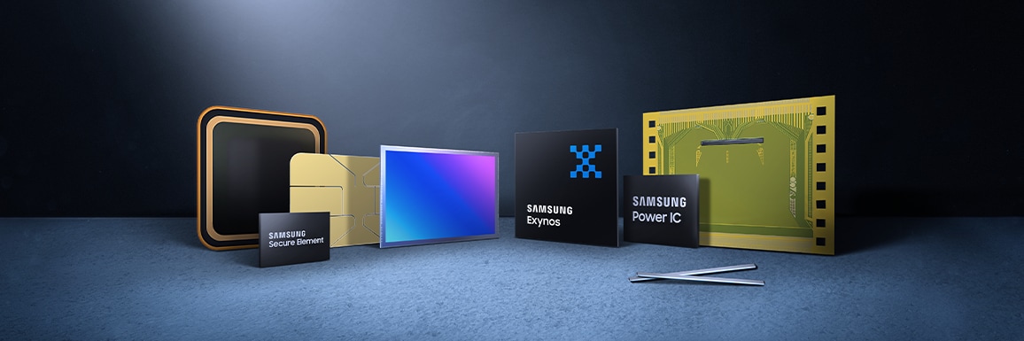 display of Samsung semiconductor products, including the Power IC and Exynos chips.