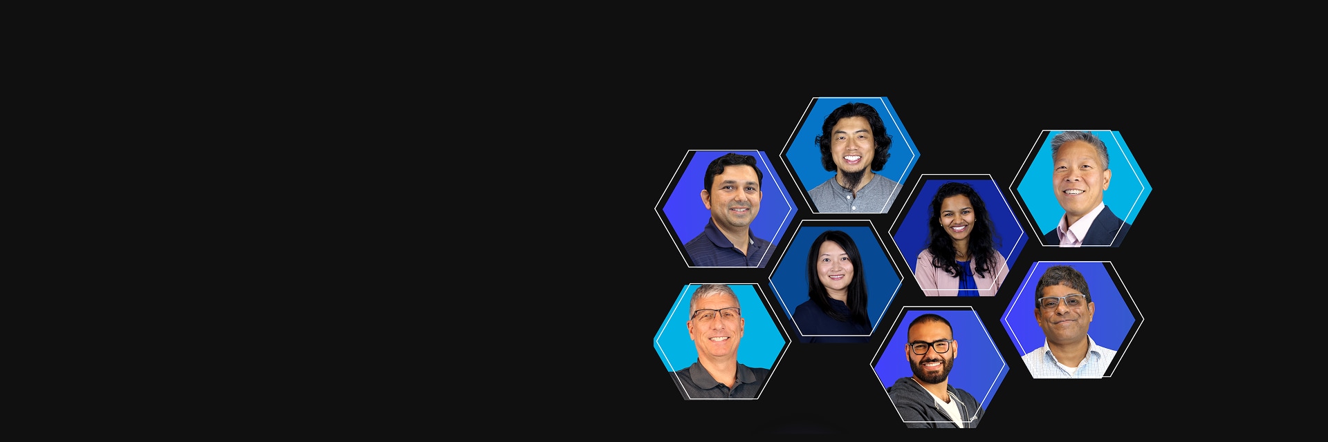 Group of eight professionally dressed people smiling, each pictured in individual hexagons against blue and black backgrounds.