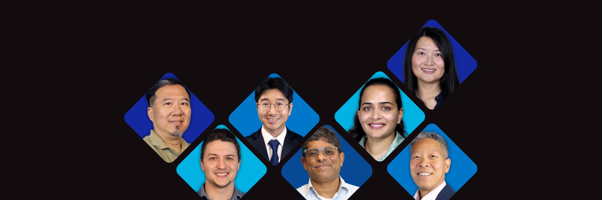 A collage of seven diverse professionals, each in a diamond-shaped frame