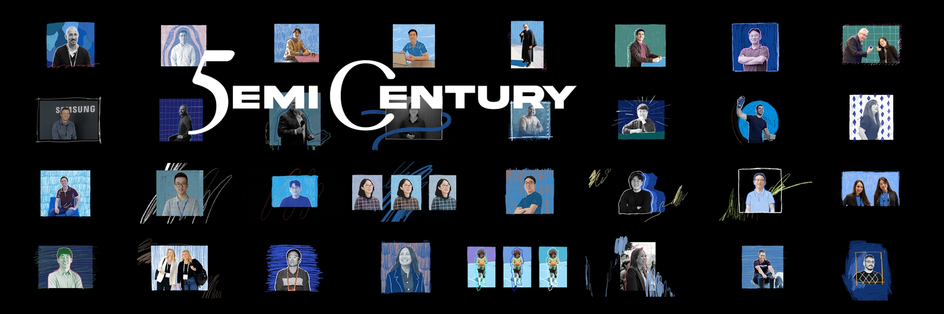 Collage of portraits of various individuals commemorating Samsung Semiconductor's 50th anniversary with the phrase "Semi Century".