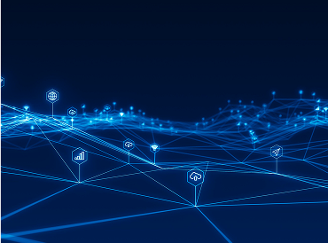 A digital landscape of glowing blue network lines and data nodes.