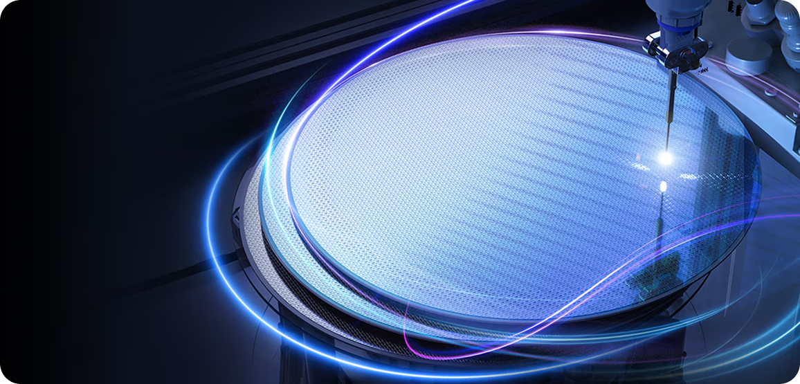 A high-tech silicon wafer undergoing inspection by a robotic arm, surrounded by glowing blue light trails symbolizing data flow.