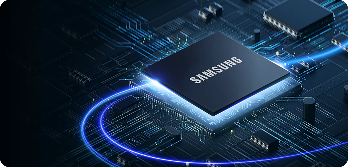 A close-up digital rendering of a Samsung semiconductor chip embedded on a circuit board, illuminated by glowing blue lines.