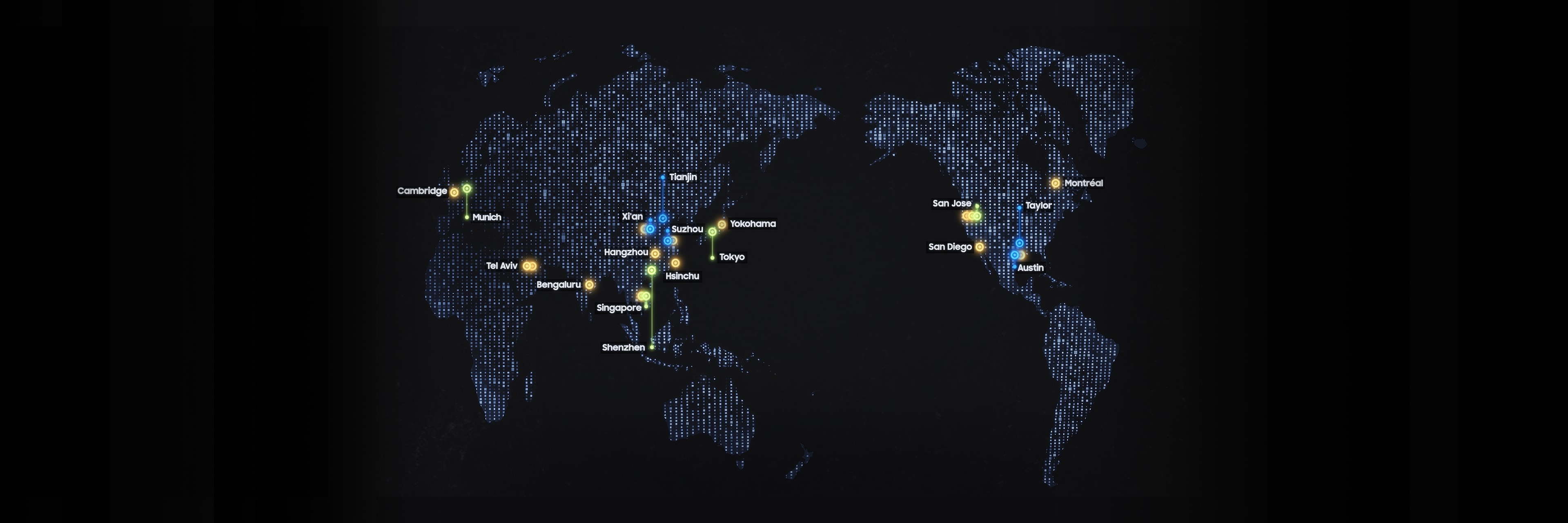 A global map highlighting Samsung Semiconductor’s production and research sites with color-coded markers across North America, Europe, and Asia.