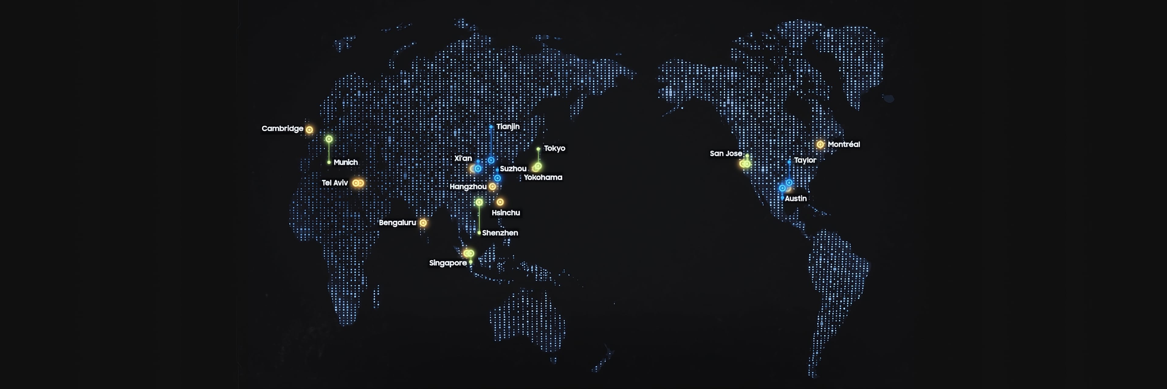 A global map highlighting Samsung Semiconductor’s production and research sites with color-coded markers across North America, Europe, and Asia.