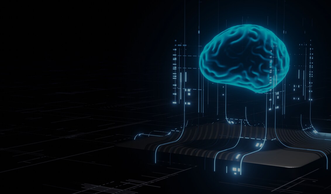 A glowing blue digital brain hovering above a futuristic microchip, representing artificial intelligence and neural processing.