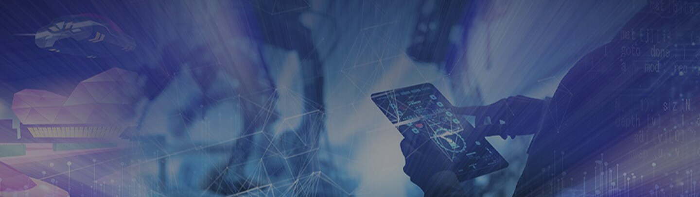 A person interacting with a digital tablet against a futuristic blue and purple background featuring glowing network connections, abstract geometric shapes, and code snippets.