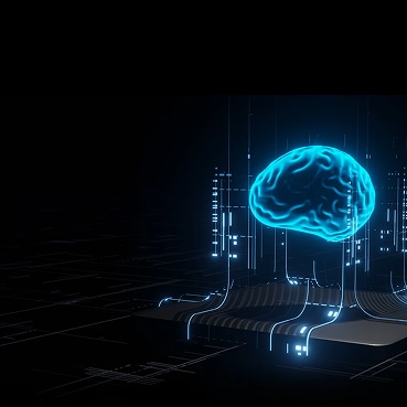 A glowing blue digital brain hovering above a futuristic microchip, representing artificial intelligence and neural processing.