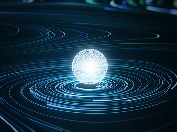 A glowing digital sphere surrounded by concentric lines of light