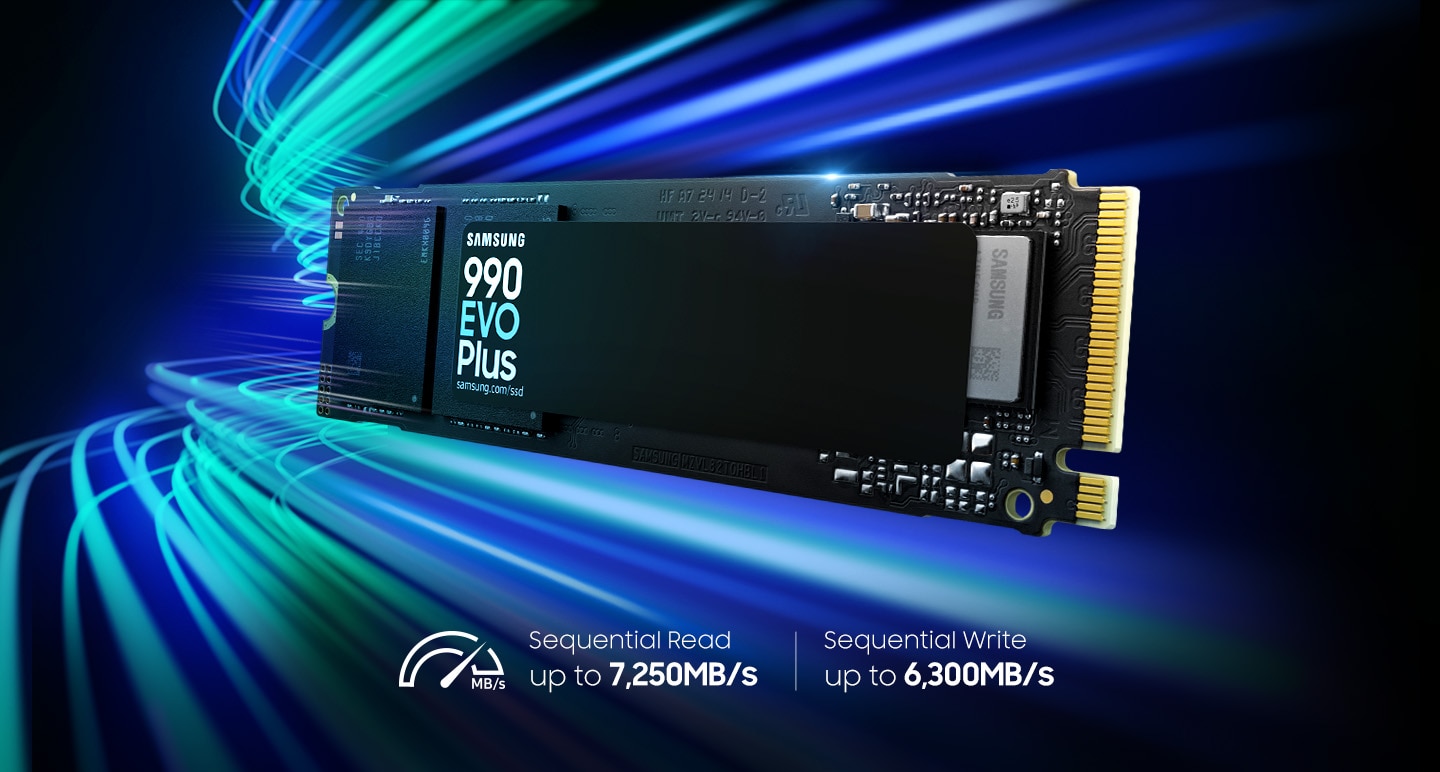 With so many curves, the 990 EVO Plus looks like it's going to fly fast. Underneath it are icons that say "Sequential Read up to 7,250MB/s", "Sequential Write up to 6,300MB/s".