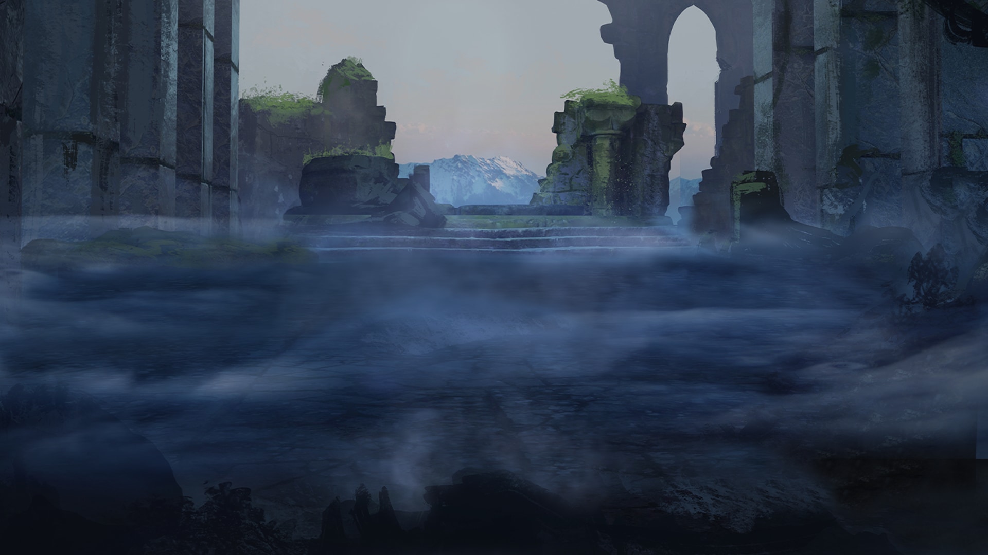 Fog clears to reveal ancient ruins.