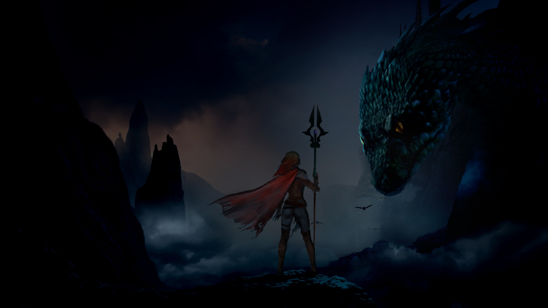 A dragon readies fire in its mouth atop a mountain. In front stands a figure with a shield. As the dragon breathes fire, the shield expands.