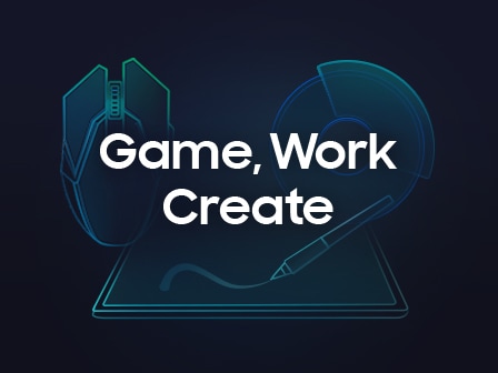 The words "Game, Work, Create" are written on a gaming mouse, circular graph, and tablet device.