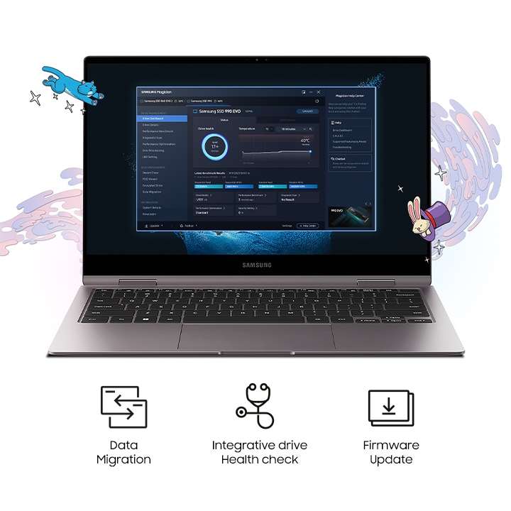 "Samsung magician software is running on the PC screen. Below that, the three core functions 'Data Migration', 'Integrative drive Health check', and 'Firmware Update' are indicated in text and icons."