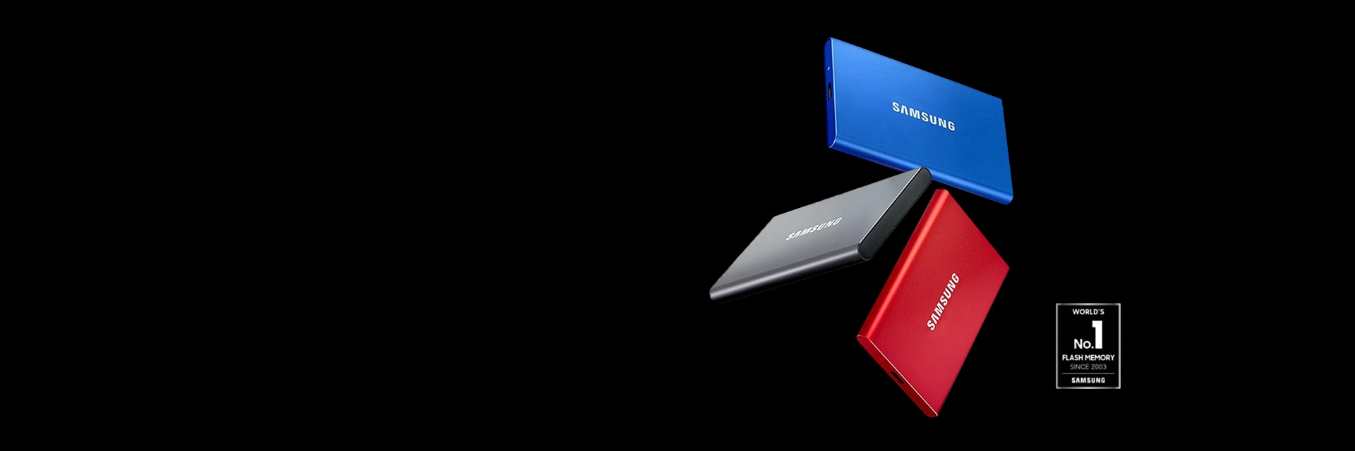 An illustrative image of Samsung Portable SSD T7 in black and silver and red color and seal of World's No. 1 Flash Memory Since 2003 - Samsung.