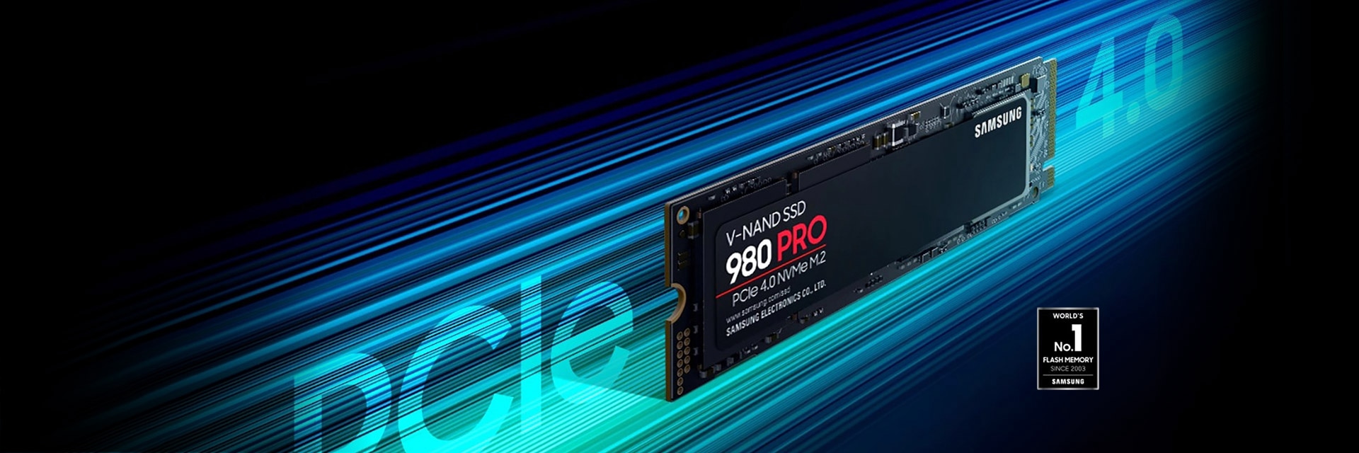 An illustrative image of Samsung SSD 980 PRO in front and silver color and seal of World's No. 1 Flash Memory.
