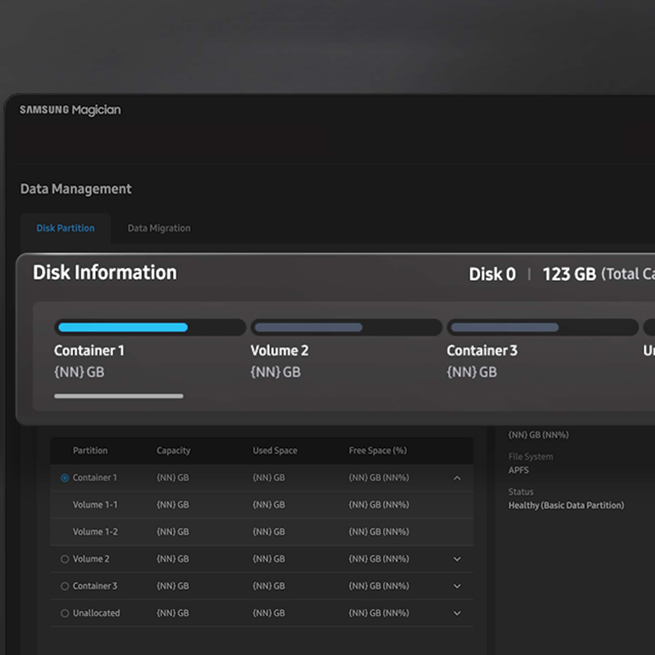 The Magician 9 dashboard displays 'Disk Information' in the Disk Partition tab. The selected drive is separated into three partitions and the capacity of each partition is displayed.