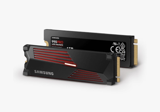 The 990 PRO with Heatsink PCIe 4.0 NVMe M.2 is in front of the 990 PRO PCIe 4.0 NVMe M.2 SSD at a perpendicular angle to one another.