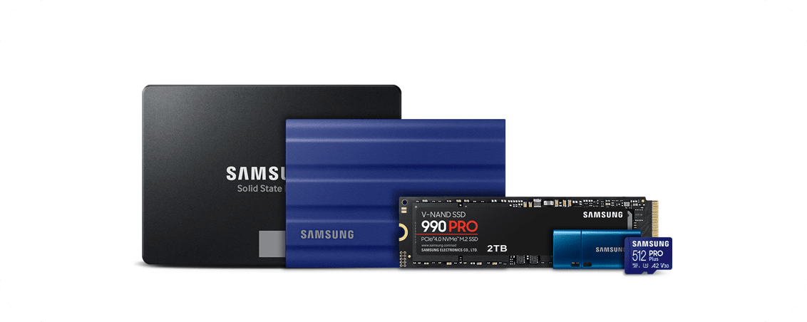 On the bottom left side, five SSDs are lined by size, from bigger to smaller, parallel to each other in a white background. The 870 EVO SATA 2.5” SSD in black, the Portable SSD T7 Shield in indigo blue, the 990 PRO PCIe 4.0 NVMe M.2 SSD in black, next to it a blue USB Flash Drive Type-C™ and lastly, the PRO Plus microSD Card in blue. On the right top is a data storage management system with blue and red lights on. Right below is a scene from the metaverse with buildings and trees in the background and four individuals playing and talking to each other. Next is the image of an autonomous car detecting a woman crossing the street and making a stop at the crosswalk. Below is a screen of an AI language model chatbot asked the question “What’s the future of AI?”