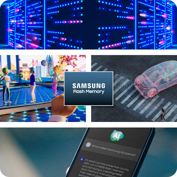 Behind Samsung Semiconductor's memory chips lies the representation of AI, self-driving cars, metaverse, and data centers, indicating their potential applications across diverse fields.