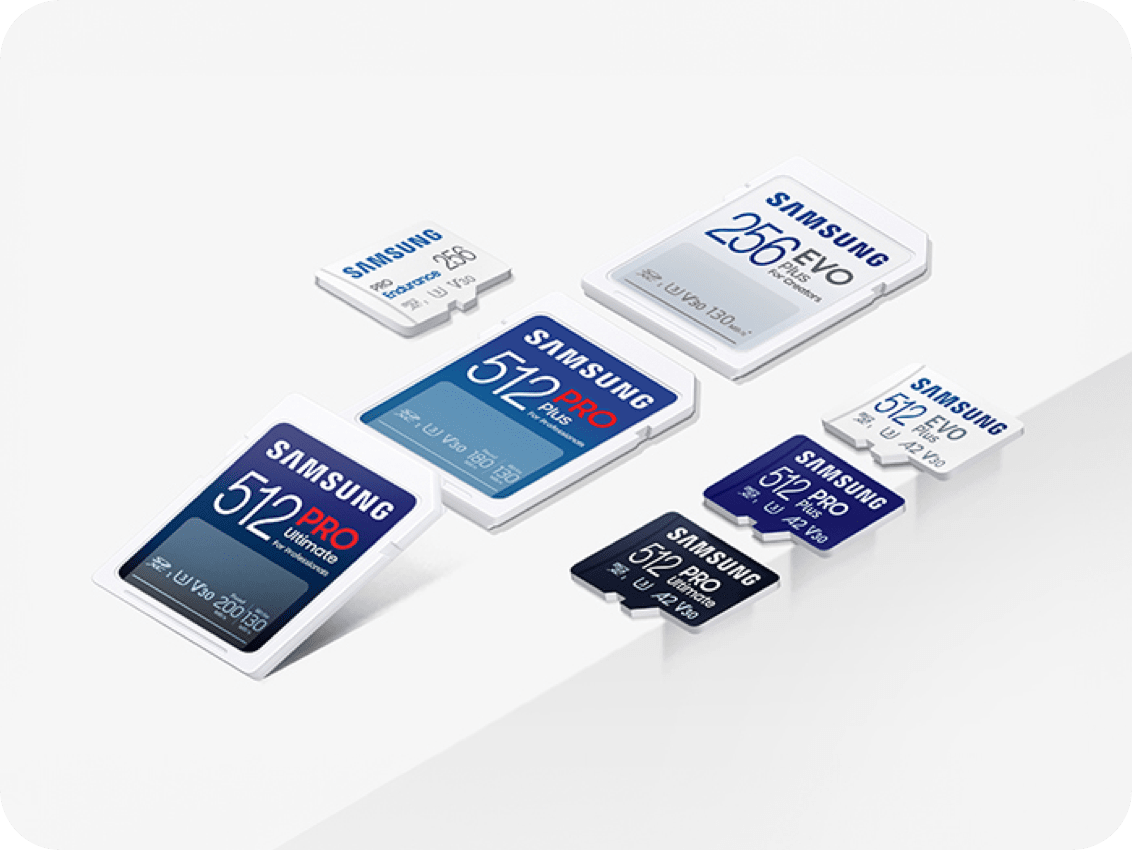 마이크로SD 메모리카드 및 SD 메모리카드를 포함한 삼성반도체의 Consumer 스토리지의 메모리카드 제품입니다.