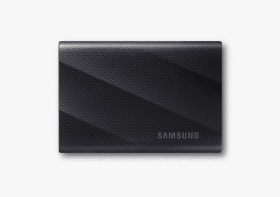 The Portable SSD T9 in black is facing front.