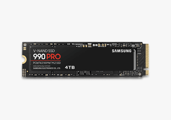 One NVMe™ SSD 990 PRO in black is facing front.