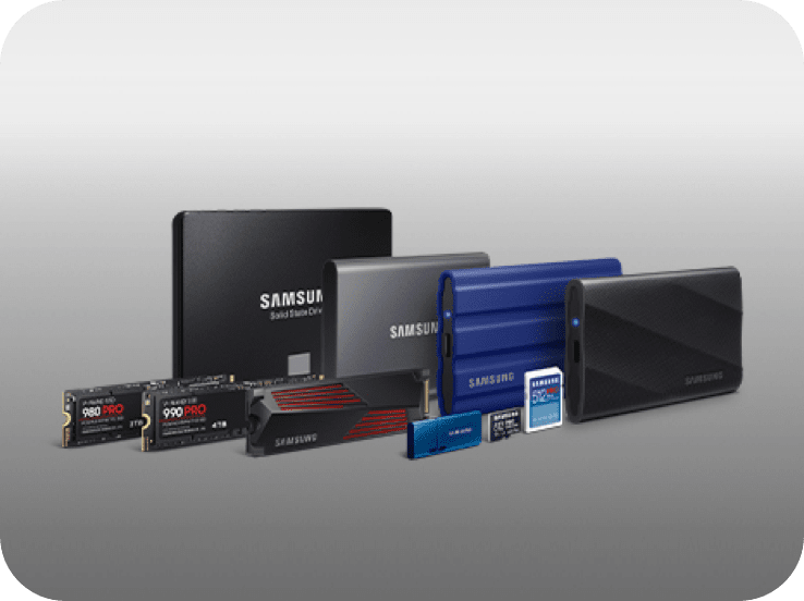 Samsung Semiconductor's Consumer Storage holds a wide range of products, including internal SSDs, external SSDs, memory cards, and USB flash drives.