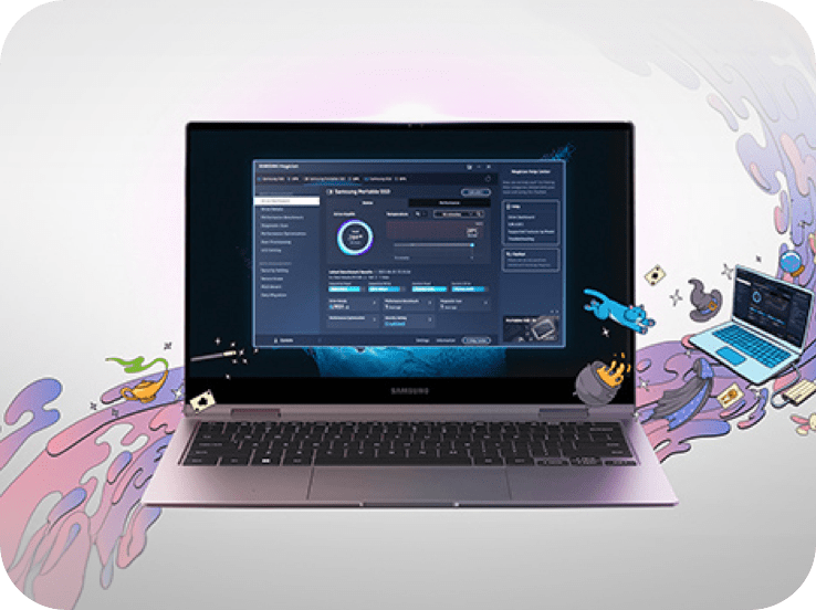 A Samsung Galaxy laptop is fully opened and facing forward. There graphics of a blue cat, a white rabbit in a purple magician-like hat, an illustration of the Samsung Galaxy laptop are on the left. On the right is a  yellow genie lamp expelling green smoke and a blob of purple violet hue liquid is on the bottom of the Samsung Galaxy laptop, as if the laptop was surfing through along with all the illustrations on this purple-colored waves.