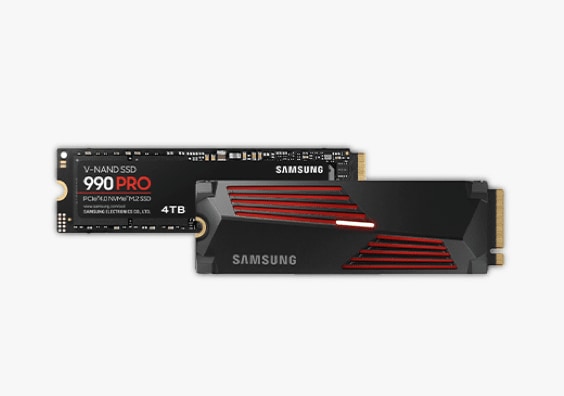 One 990 PRO PCIe 4.0 NVMe M.2 SSD in black is facing front.