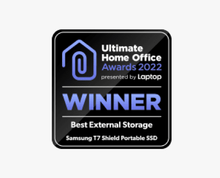 The logo for Best External Storage Winner from Ultimate Home Office Awards 2022 promoted by Laptop for the T7 Shield SSD.