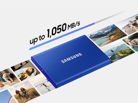 Samsung ポータブルSSD T7が、最大 1,050 MB/s の速度とさまざまなマルチメディアファイルを表す写真のストライプとともに表示されています。