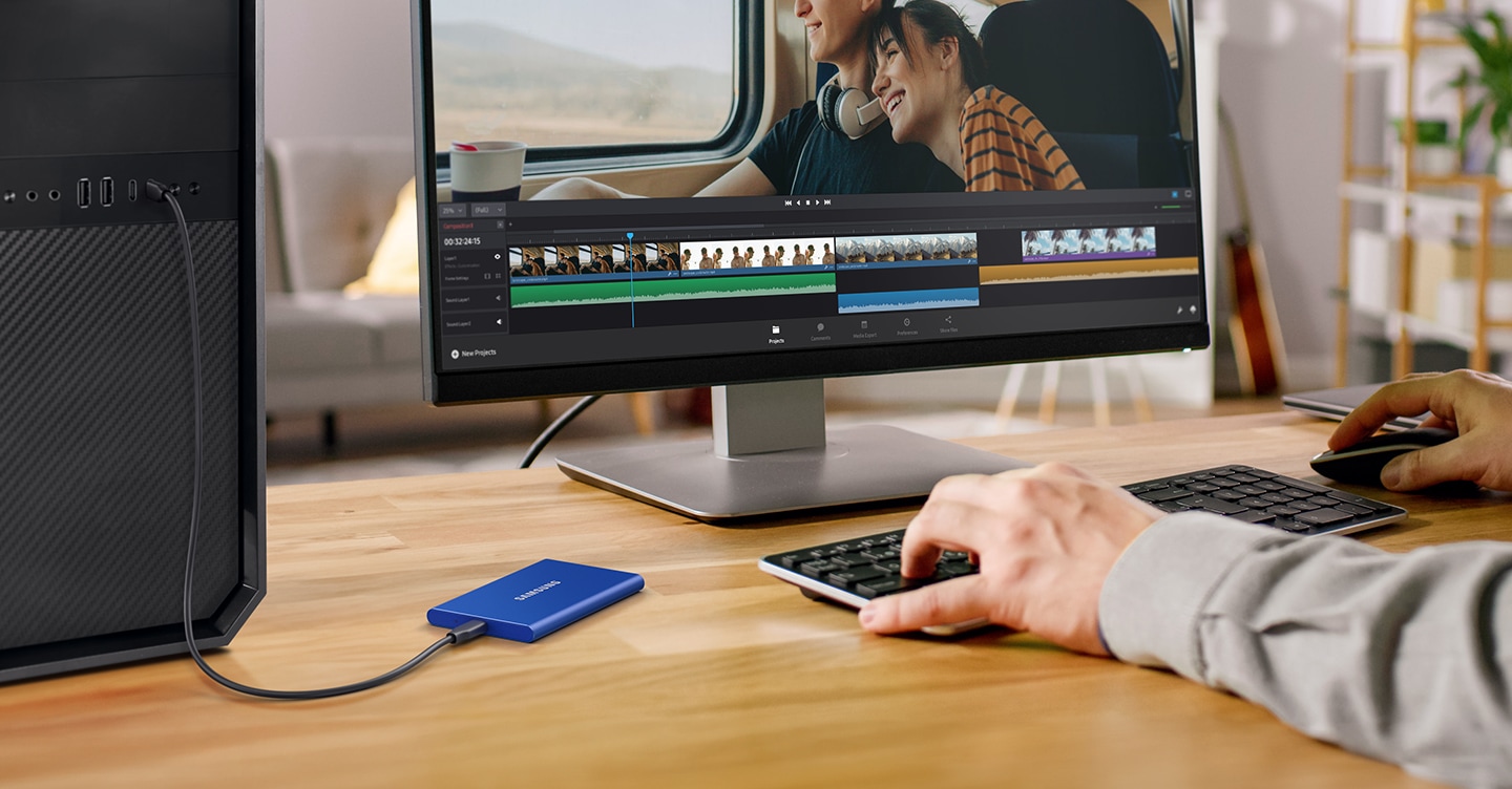 Samsung T7 is connected to the desktop where video is being edited.