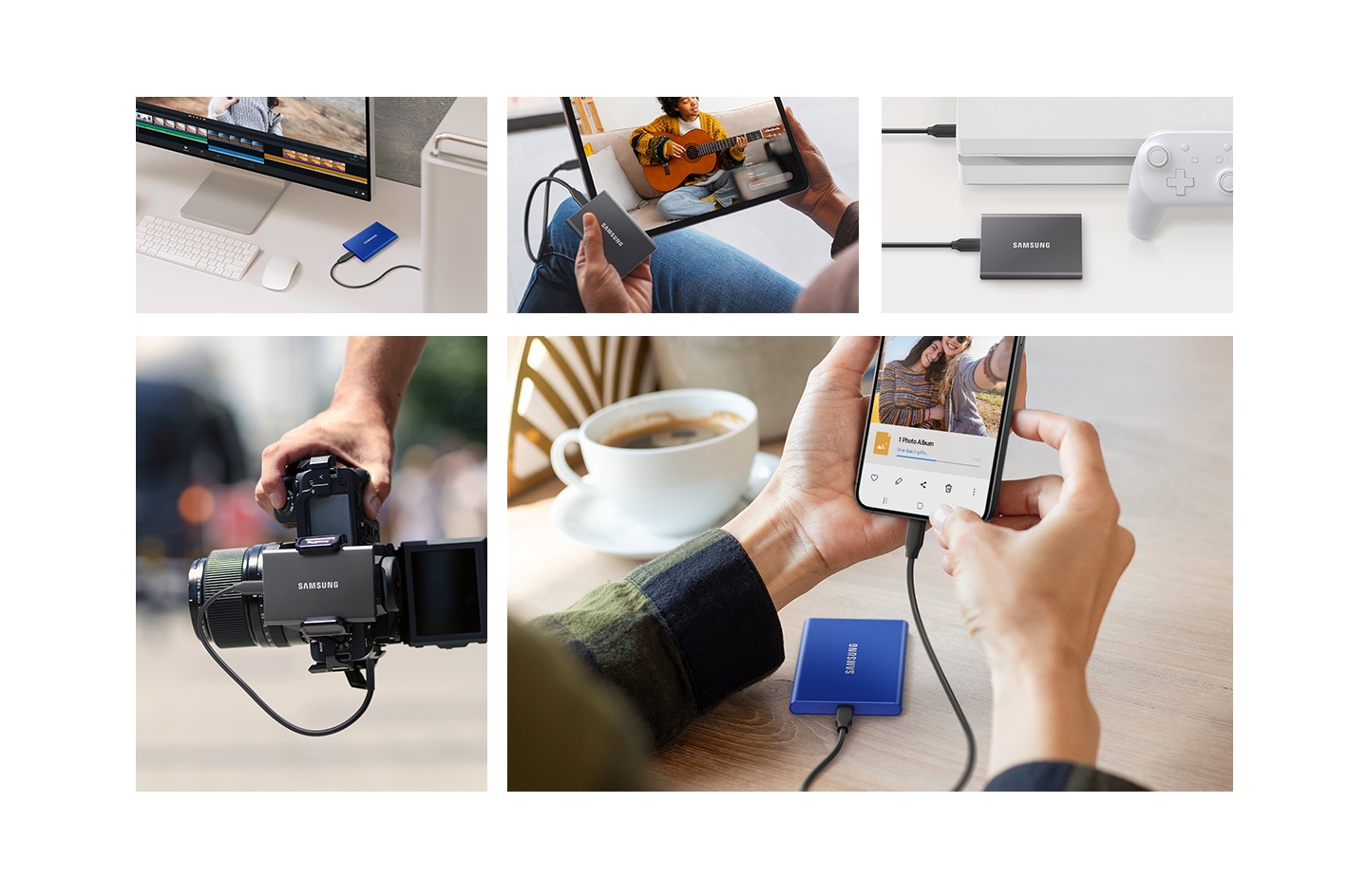 コンピューターストレージ、カメラからの直接録画、ゲームライブラリの拡張など、Samsung ポータブル SSD のさまざまな用途を紹介するコラージュ。