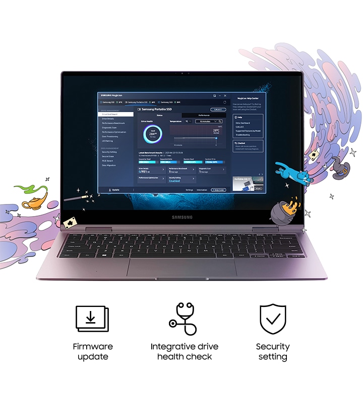 デジタルアート要素付きのノートパソコンの画面にSamsung Magicianソフトウェアの画面が表示されており、その下にファームウェアアップデート、ドライブのヘルスチェック、およびセキュリティ設定を示すアイコンが表示されています。