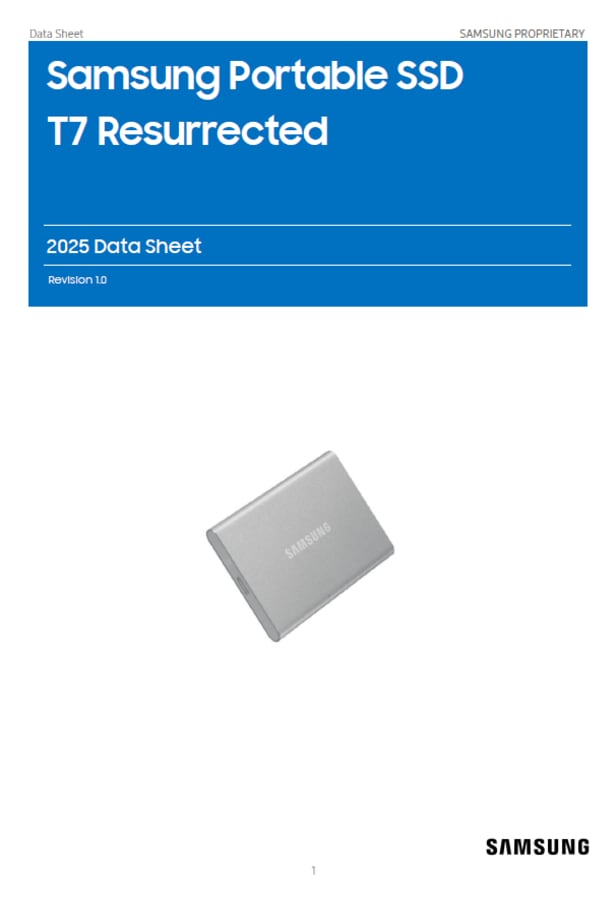 Cover of the Samsung Portable SSD T7 Resurrected 2025 data sheet with product image