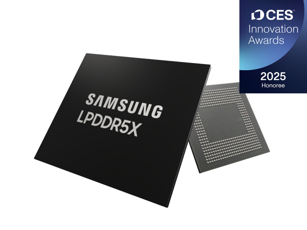 A front and back view of a Samsung LPDDR5X memory module