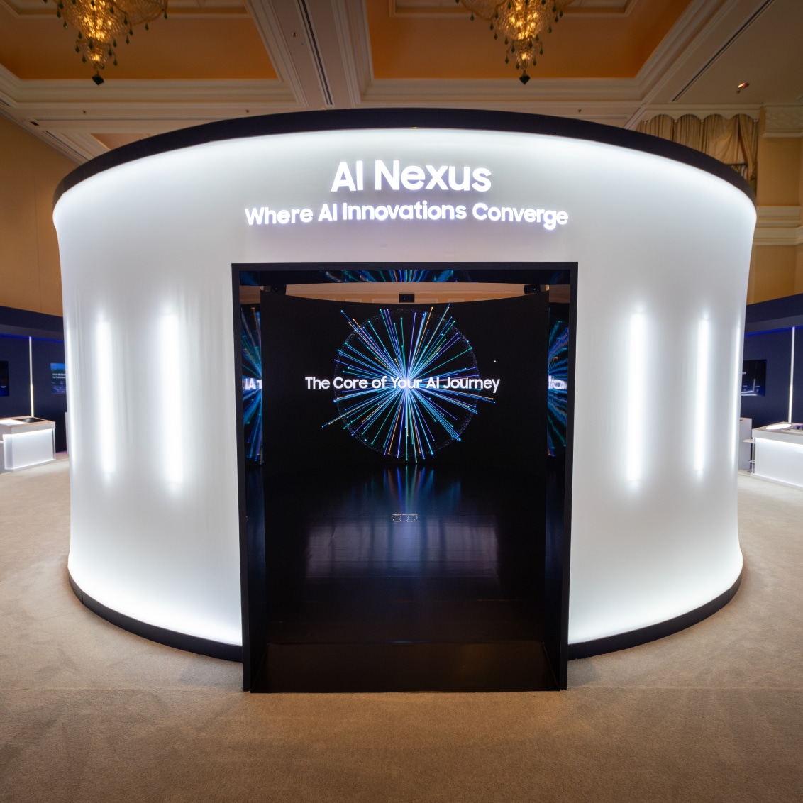 A futuristic circular exhibit titled 'AI Nexus' at CES 2025, showcasing Samsung's cutting-edge AI innovations under dramatic lighting.