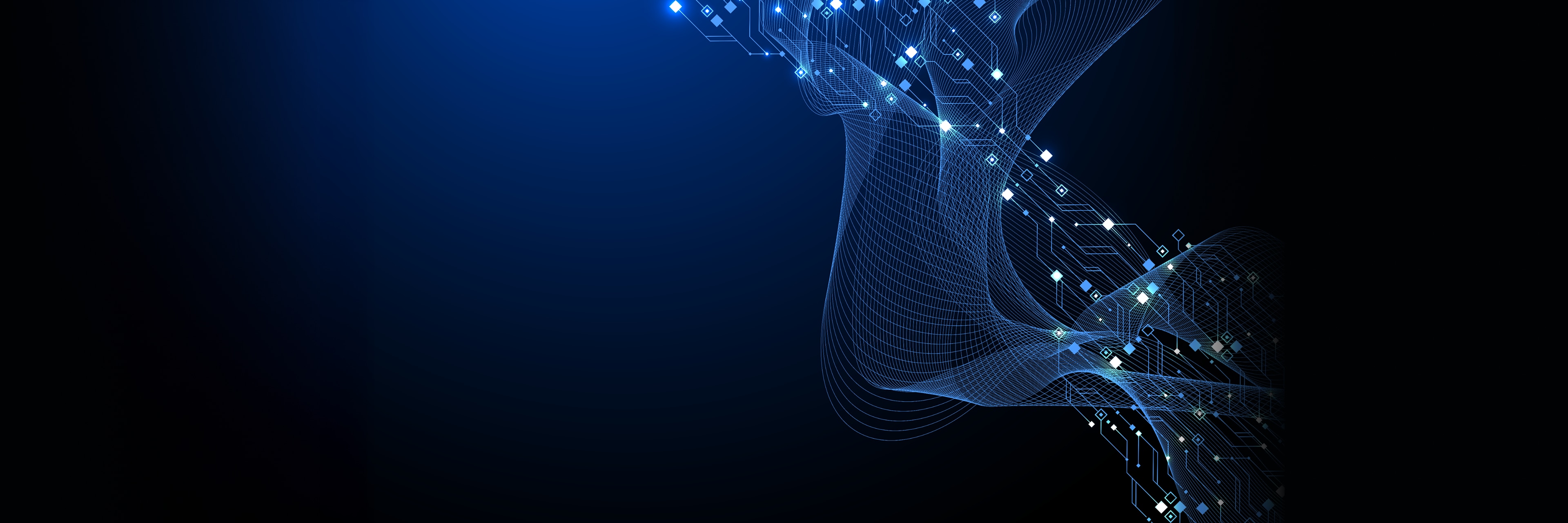 An abstract graphic showing a hemisphere of light and colorful lines on a dark background