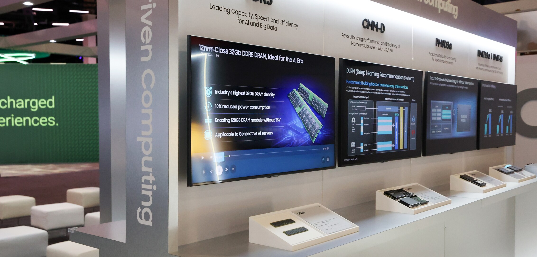A display wall at the Samsung Semiconductor booth during Dell Technologies World 2024, with multiple screens and interactive displays detailing their latest computing technologies.
