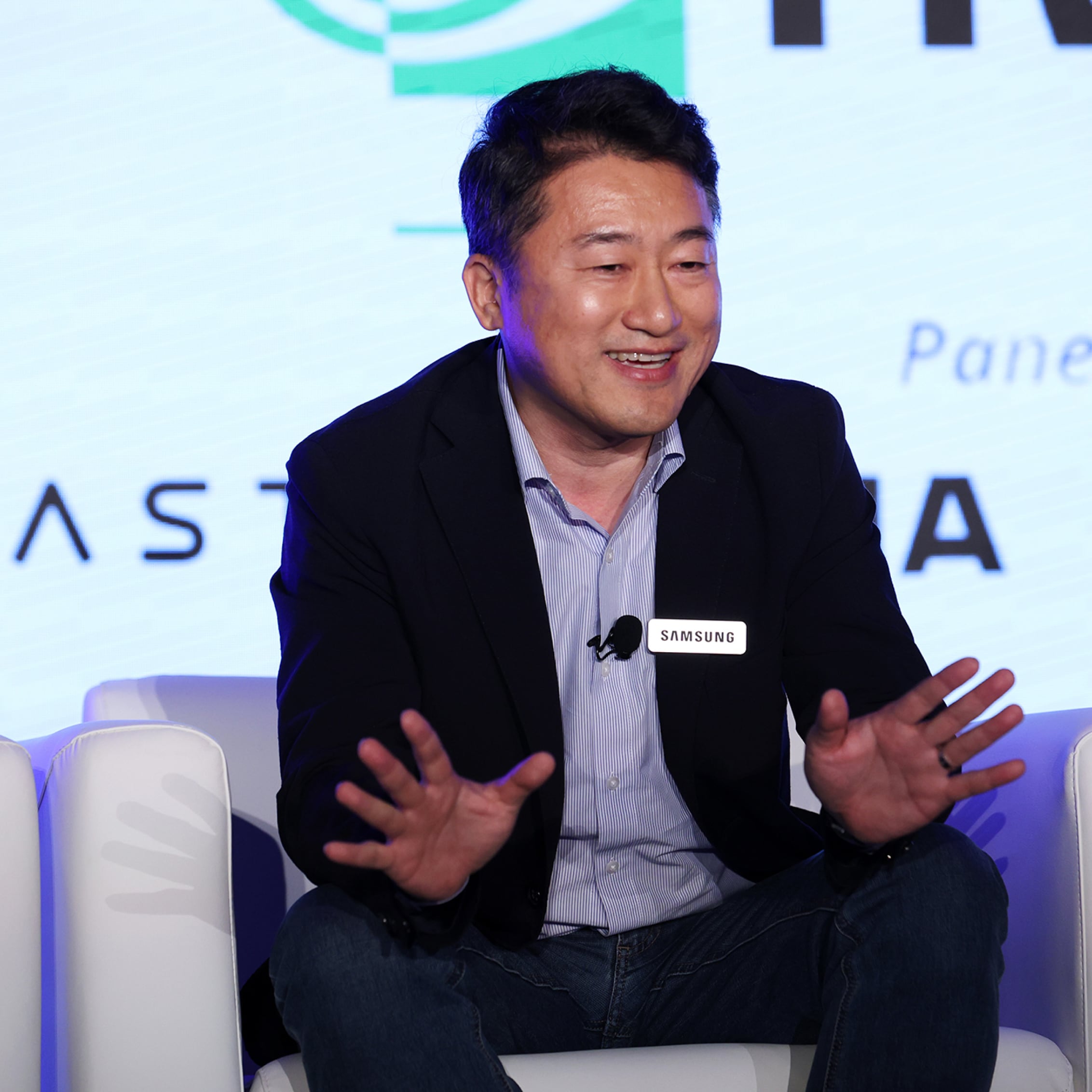 A close-up of Paul Cho gesturing during his panel discussion at FMS 2024