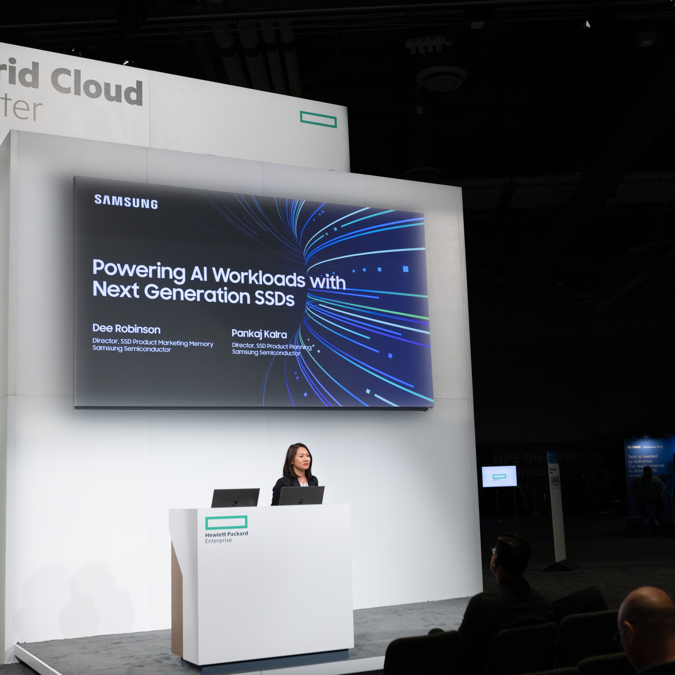 Four speakers on stage at HPE Discover 2024, sharing insights and engaging with the audience.