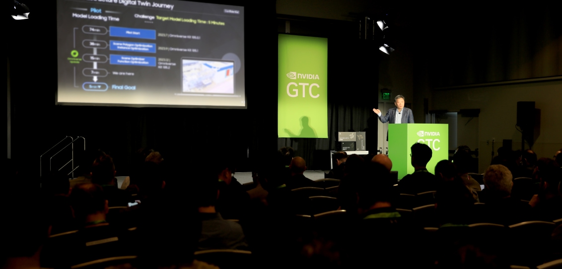 A speaker presenting on a digital twin journey at an NVIDIA GTC 2024