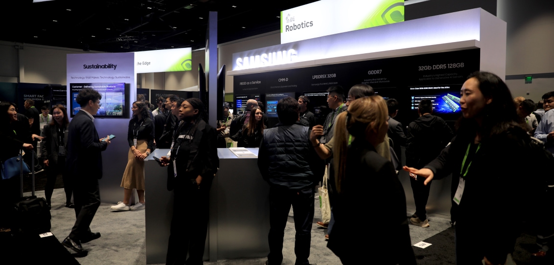 Attendees interacting and networking in a busy Samsung Robotics section at NVIDIA GTC 2024