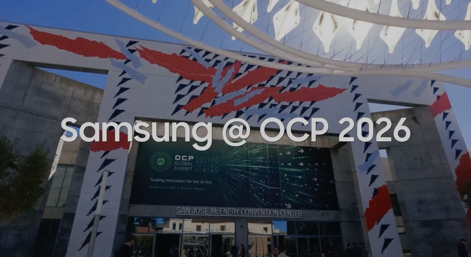 Exterior view of the San Jose McEnery Convention Center featuring the OCP Global Summit 2026 banner and “Samsung @ OCP 2026” title overlay.