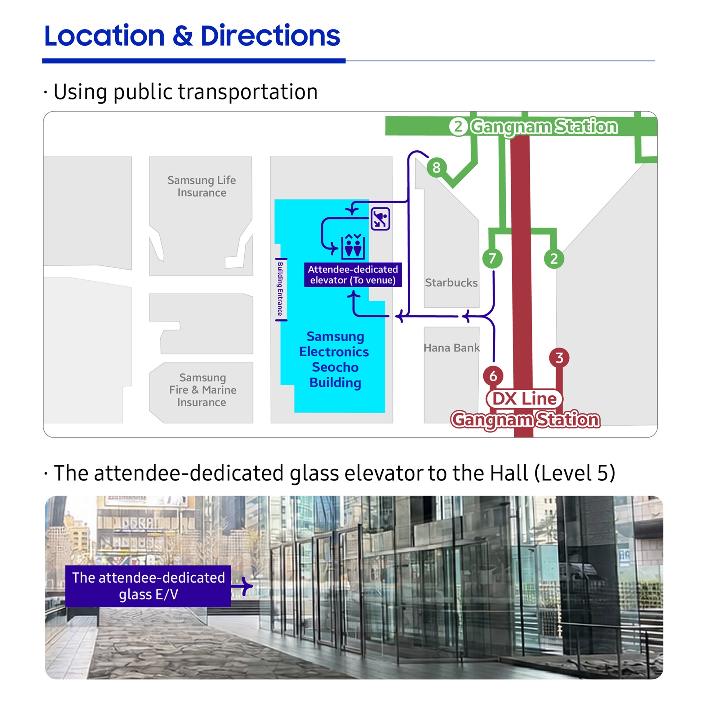 Directions to Samsung Electronics Seocho Office. Map showing routes from Gangnam Station (Subway Line 2) and Sinbundang Line Gangnam Station to the Seocho building via public transit, with marked exits including Gangnam Station Exit 8 and Sinbundang Line Exits 6 and 7. Indicates the location of the attendee-only elevator (toward the event venue) inside the building. The bottom photo shows the attendee-only transparent glass elevator, which leads to the 5th-floor multipurpose hall.