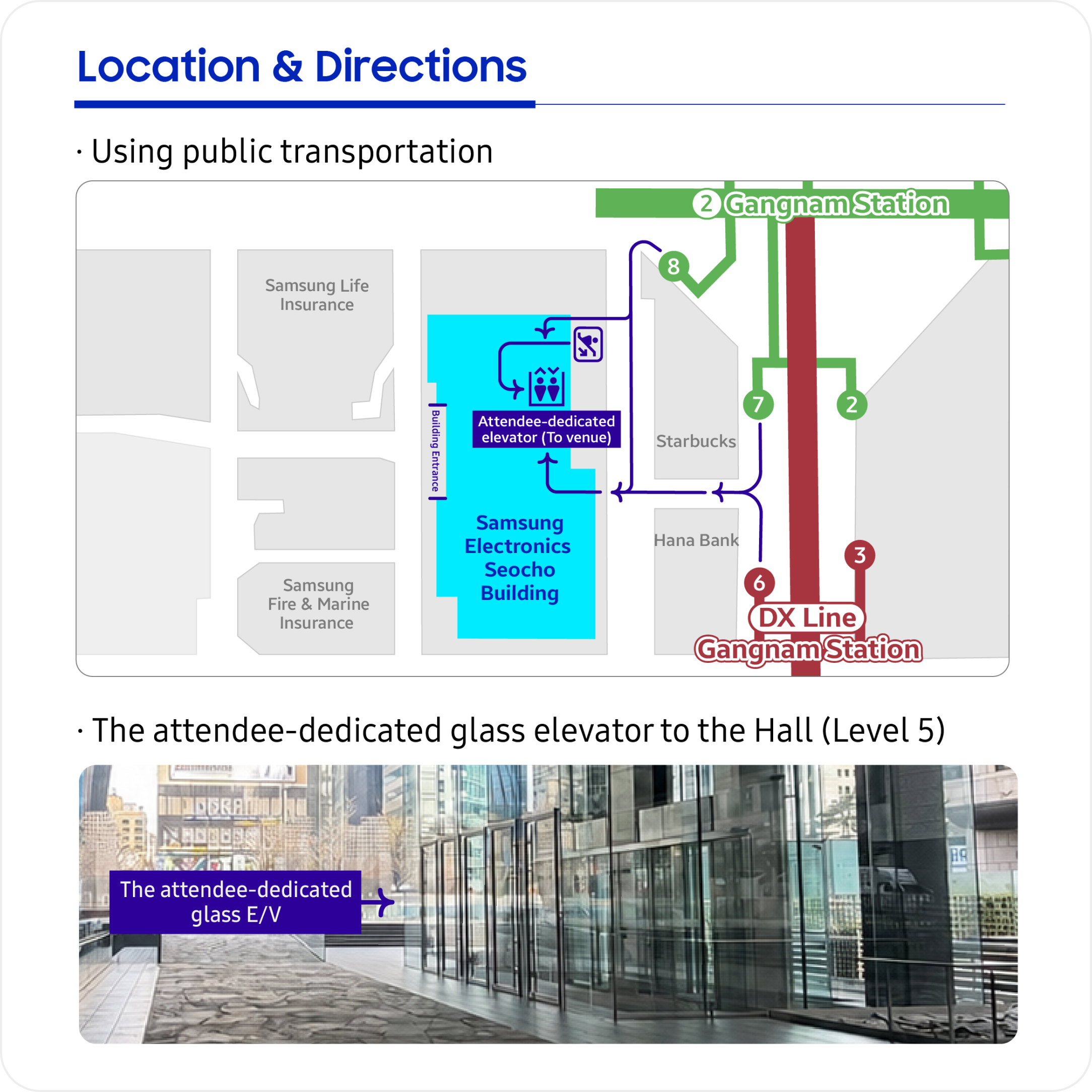 Directions to Samsung Electronics Seocho Office. Map showing routes from Gangnam Station (Subway Line 2) and Sinbundang Line Gangnam Station to the Seocho building via public transit, with marked exits including Gangnam Station Exit 8 and Sinbundang Line Exits 6 and 7. Indicates the location of the attendee-only elevator (toward the event venue) inside the building. The bottom photo shows the attendee-only transparent glass elevator, which leads to the 5th-floor multipurpose hall.